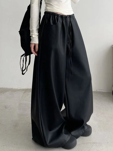 Black Pu Leather Pants Y2K Korean Elegant Drawstring Wide Leg Trousers High Waist Oversized Streetwear Trousers