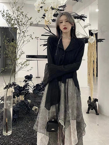 Voguable Gothic Black Shirt Yamamoto Style Dark Aesthetic Blouse Irregular Designer Clothes Emo Alt Clothes Grunge Tops Y2k