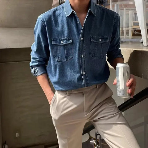 Harajuku Casual Wash To Do Old Denim Shirt Y2k Korean Version Loose High-Grade Long-Sleeved Cargo Shirt Trend