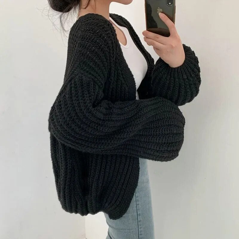Cardigan Knitted Sweater Casual Korean Vintage Harajuku Lantern Sleeve Tops Coat Lazy Wind Y2k Sweater