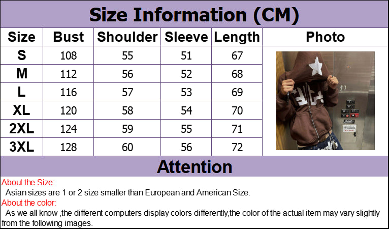 Voguable Star Letter Print Hoodie Zip Up Long Sleeve Oversized Jacket Coat Harajuku Gothic Hooded Sweatshirt Y2K Teen Clothes