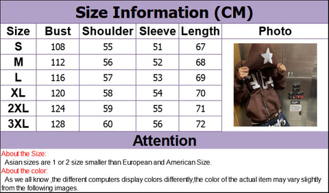 Voguable Star Letter Print Hoodie Zip Up Long Sleeve Oversized Jacket Coat Harajuku Gothic Hooded Sweatshirt Y2K Teen Clothes