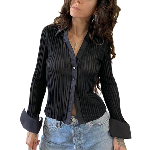 Y2K Sheer Mesh Crop Tops Long Flare Sleeve See Through Blouses Low Cut Cardigan Shirts Trendy Streetwear