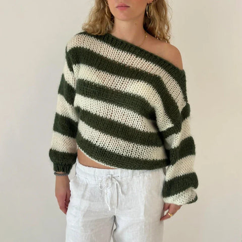 Striped Loose Fit Knitted Pullovers Long Sleeve Knitwear Vintage Grunge Y2K Sweater Preppy Clothes