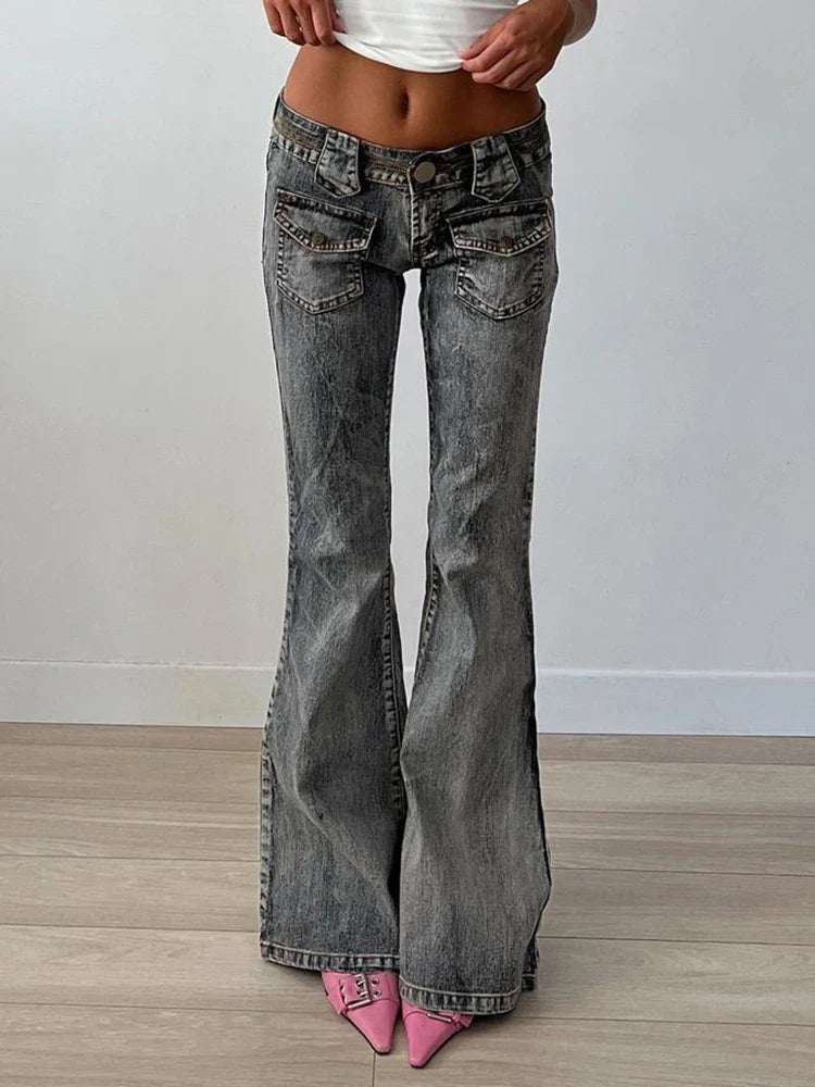Voguable Vintage Washed Flare Jeans Pants Low Waist Streetwear Y2K Slim Fit Boot Cut Pants Grunge Denim Trousers pantalone