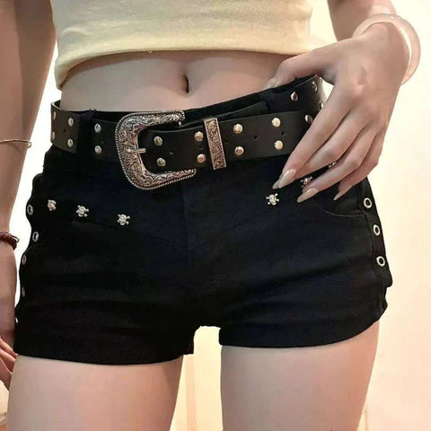 American Girl Dark Y2k Hip-packing Black Pants Rivet Design Sense Denim Shorts Low Waist Slim Pants