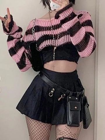 Voguable  Pink Contrast-paneled Crop Smock Top Y2K Aesthetic Cute Knitted Long Sleeve Pullover for Sweater Vintage Clothes