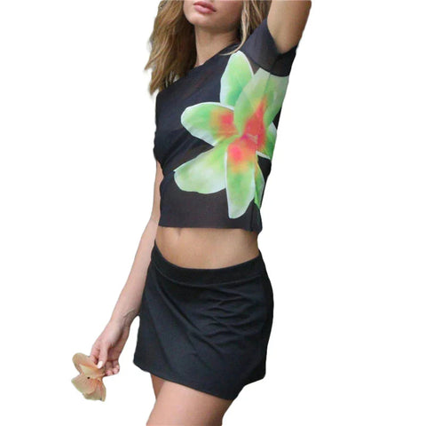 y2k Outfits 2 Piece Set Floral Print Short Sleeve Tank Top and Short Skirt 2000s Aesthetic Clothing Streetwear
