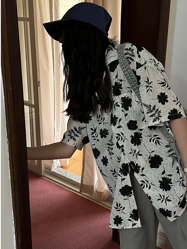 Retro loose casual temperament printed short-sleeved shirt for in lazy slim versatile floral shirt casual y2k tops
