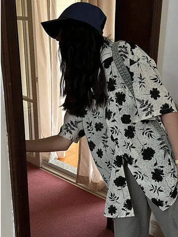 Retro loose casual temperament printed short-sleeved shirt for in lazy slim versatile floral shirt casual y2k tops