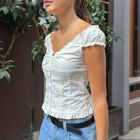 y2k Tank Top Clothes Solid Color Cap Sleeve Button Down Slim Fit Frill T Shirt 2000s Vest Streetwear