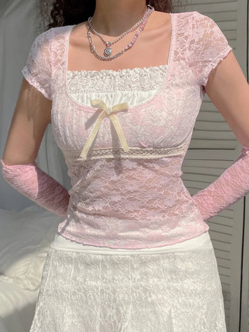 Voguable  Bow Patchwork Lace Crop Top Y2K Aesthetic T-shirt Short Sleeve Kawaii Clothes Lolita Style Cute Pullovers Fairycore Tee