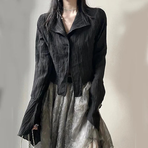 Voguable  Gothic Harajuku Black Shirt Vintage Long Sleeve Y2K Blouse Casual American Retro Irregular V Neck Loose Tops Spring