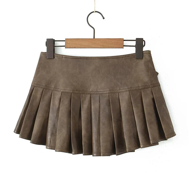 American Retro With Belt Pleated Mini Skirt Low Waist Brown Faux Leather Skirts Cool Girl PU Y2K saia