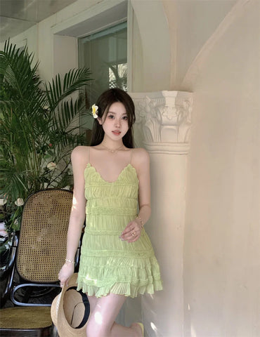 Voguable Backless V-neck Y2K Draped Suspender Dresses Beach Style Hotsweet Slim Fit Chiffon Party Club Dress