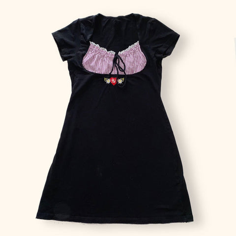 Voguable  Vintage Kawaii Bow Embroidery Mini Dress Patchwork Square Collar Short Sleeve Black Dress Retro Y2K Aesthetic Fairy Clothes