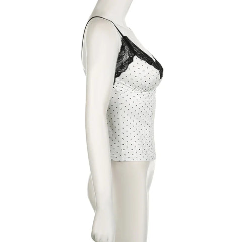Voguable  Y2K Polka Dot Crop Top Buttons Contrast Lace Patchwork V-neck Camisole Coquette Casual Basic Tank Tops All-match