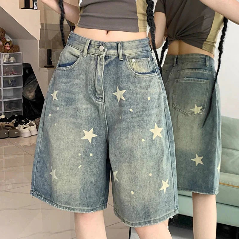 Y2K Star Printed Denim Shorts High Waist Wash Knee Length Jeans Bf Streetwear Loose Wide Leg Pants