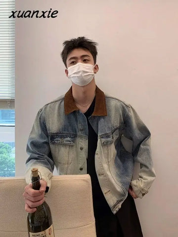 and Style Distressed Denim Jacket Korean Style Premium Contrast Color Casual Lapel Clothing Y2k