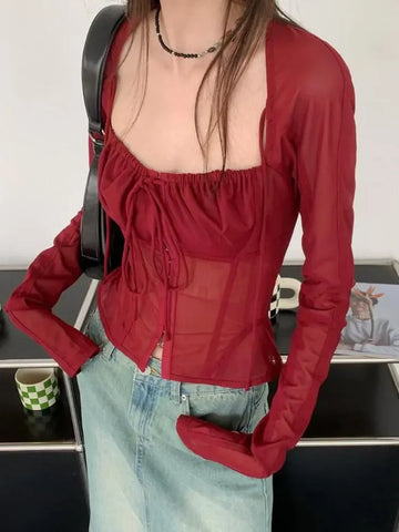 Voguable Burgundy Mesh Tops Long Sleeve Lace Up Square Collar T Shirt Crop Top Grunge Y2k  Chic Tops Streetwear
