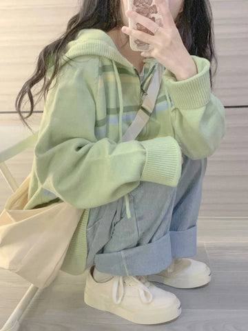 Y2k Aesthetic Stripe Hoodes Cardigans Double Zipper Casual Knitwear Harajuku Ladies Jacket Vintage Loose Grunge Sweater