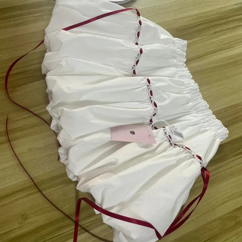 White Lace Up Mini Skirt High Waist All Match Bud Skirts Y2K Korean Sweet Preppy Patchwork A Line Skirts New