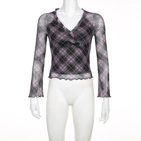 Voguable Y2K Plaid Double Layer Mesh Top Black Ruched V-neck T-shirts Fairy Grunge Long Sleeve Tops Vintage Sweet Bow Tees Fall