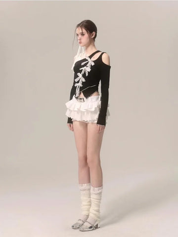 Voguable Lace Fake Two Piece Blouse Japanese Style Bow Kawaii Y2k T Shirt Spicy Girl Aesthetics Slim Tees Chic