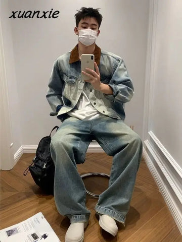 and Style Distressed Denim Jacket Korean Style Premium Contrast Color Casual Lapel Clothing Y2k