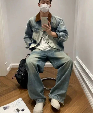 and Style Distressed Denim Jacket Korean Style Premium Contrast Color Casual Lapel Clothing Y2k