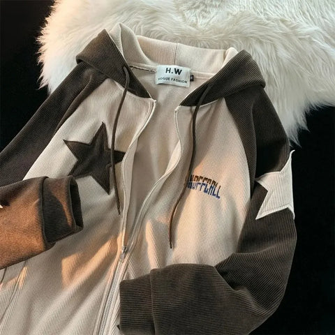 Voguable Y2K Harajuku Style Star Patch Zipper Hooded Streetwear Popular Casual Joker Sweatshirt Unisex Stitching Tops