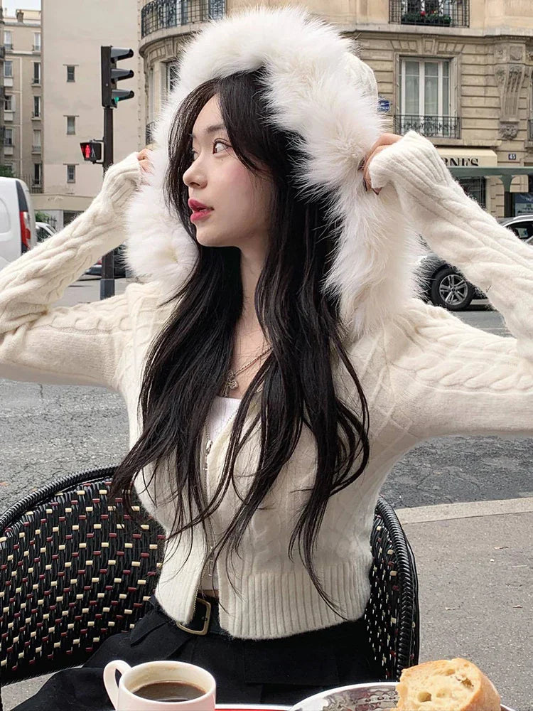 Voguable Furry Hooded Sweaters Coat Winter Casual Hoodie Y2K Zipper Cropped Sweater Jacket Korean FeKnitwear