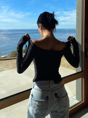 T-shirt Long Sleeve Boat Neck Spliced Slim Fit Shirts Solid Color Korean Kawaii Y2K Crop Tops Streetwear