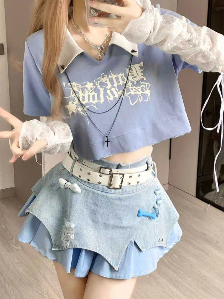 Korean Hotsweet Vintage Contrast Stitching Mini Denim Skirt High Waisted Slim Jeans Skirt Y2K Streetwear