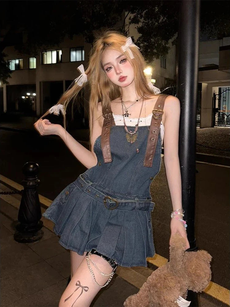 Voguable  2000s Vintage Denim Y2k Mini Dress  Elegant Jean Strap Dress Casual Streetwear Sleeveless Dress Korean Chic