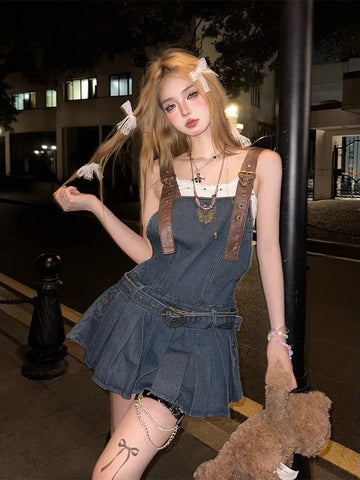 Voguable  2000s Vintage Denim Y2k Mini Dress  Elegant Jean Strap Dress Casual Streetwear Sleeveless Dress Korean Chic
