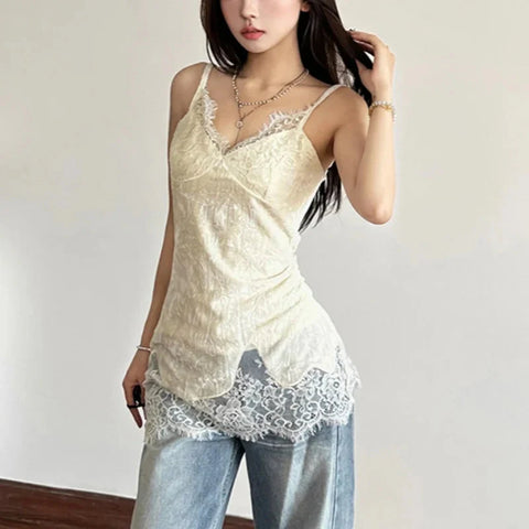 Lace Patchwork V-Neck Camis Y2K Spaghetti Straps Sleeveless Tank Korean Irregular FeVest
