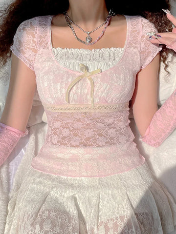 Voguable  Bow Patchwork Lace Crop Top Y2K Aesthetic T-shirt Short Sleeve Kawaii Clothes Lolita Style Cute Pullovers Fairycore Tee