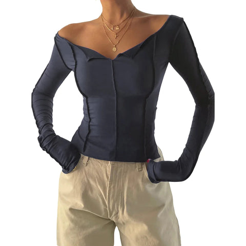 T-shirt Long Sleeve Boat Neck Spliced Slim Fit Shirts Solid Color Korean Kawaii Y2K Crop Tops Streetwear