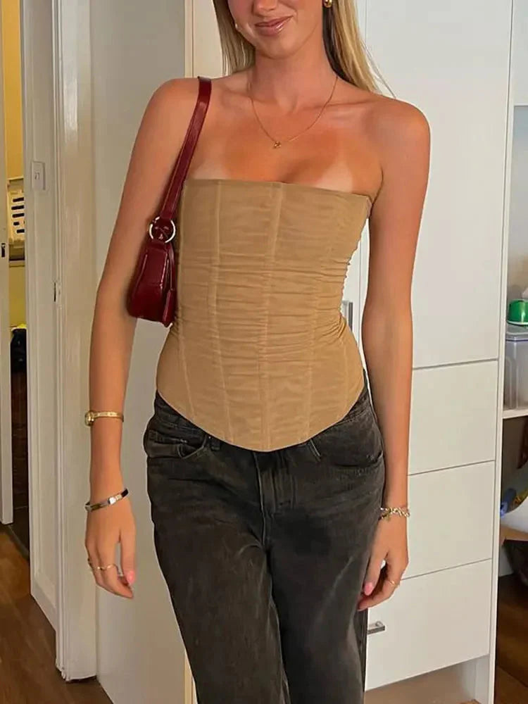 Mesh Backless Vest FeElegant Luxury Patchwork Strapless Solid Slim Streetwear Inner Y2k Tank Top Women's