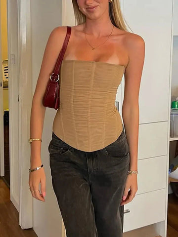 Mesh Backless Vest FeElegant Luxury Patchwork Strapless Solid Slim Streetwear Inner Y2k Tank Top Women's