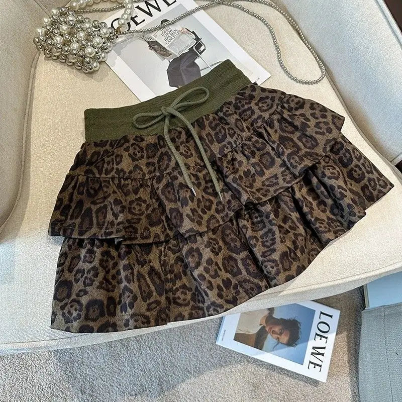 American Leopard Print Fluffy Skirts Y2K High Waist Ruffles Mini Skirts Sweet Preppy All Match A Line Skirt
