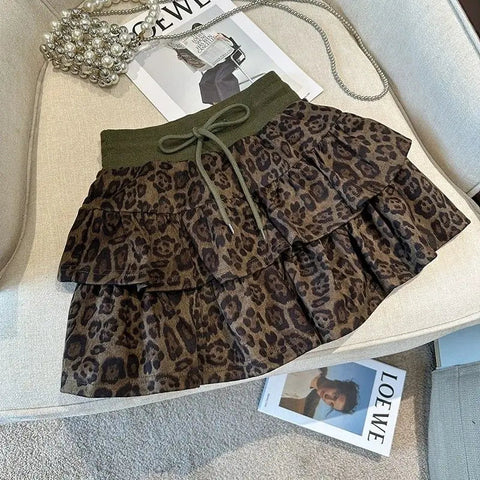 American Leopard Print Fluffy Skirts Y2K High Waist Ruffles Mini Skirts Sweet Preppy All Match A Line Skirt