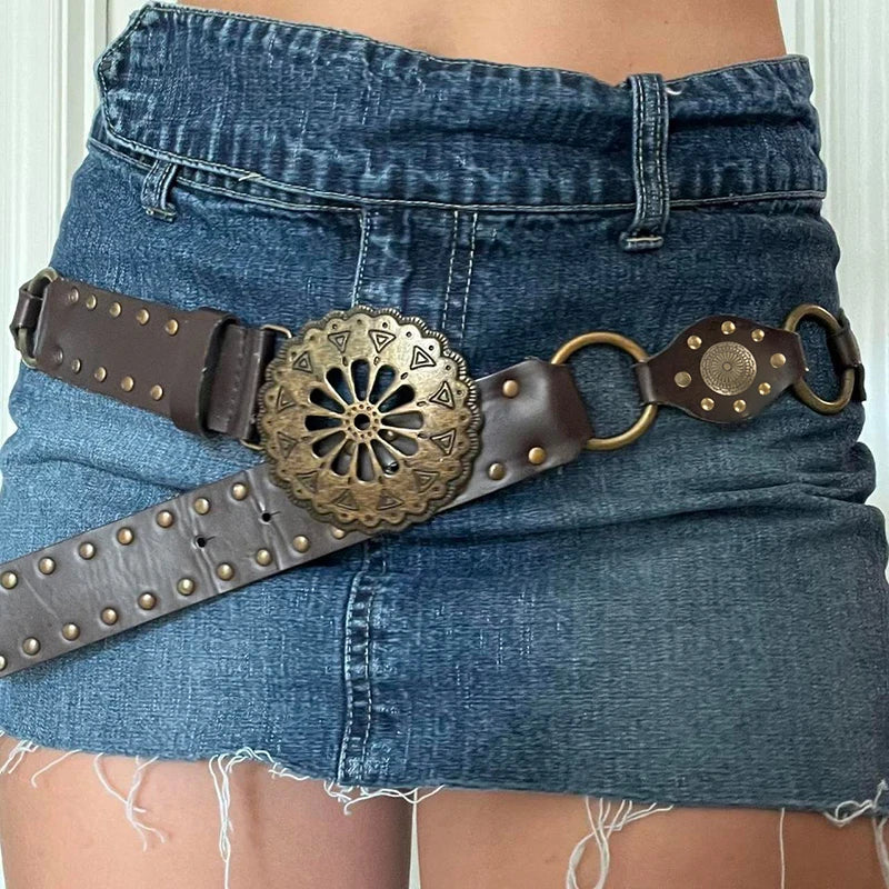 Voguable Vintage PU Leather Hollow Out Ring Wide Belt y2k Streetwear Punk Rivets Belts for Accessories Waistband