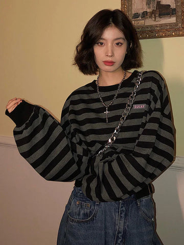 Voguable Cropped Y2K Striped Sweatshirts Harajuku Gothic Tops Vintage Streetwear Casual Bf Oversize Long Sleeve Pullover
