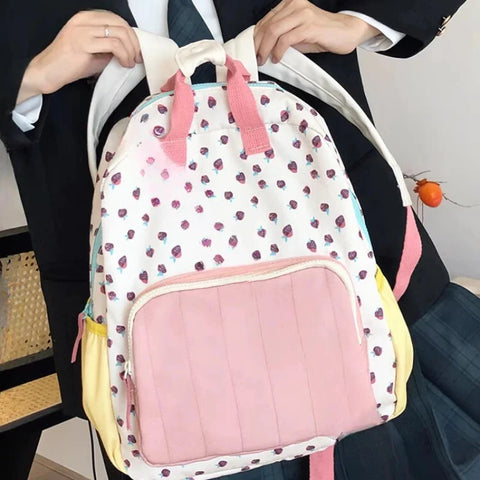 Japanese Kawaii Cute Strawberry Print Backpack Sweet Y2k Schoolbags Preppy Contrast Color Backpacks for Students