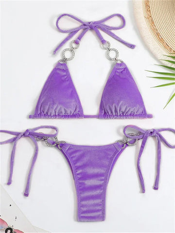 Voguable Triangle Bikinis Set Solid Pink Criss Cross Velvet Swimsuit Luxury Rhinestone Bathing Suit Metal Swimwear Y2K