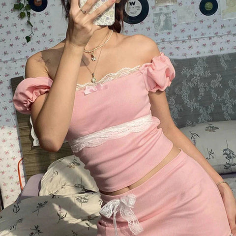 Sweet Coquette Crop Top Lace Patchwork Square Collar Skinny Pink T Shirts Vintage 2000s Puff Sleeve Tees Kawaii y2k