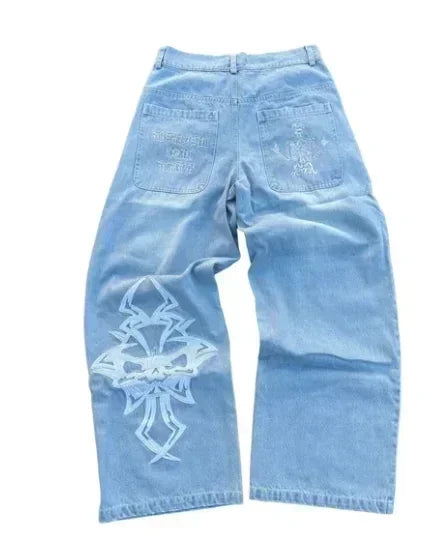 Hip Hop Baggy Jeans  Harajuku Goth Y2k Jeans for Black Striped Embroidered Wide Leg Denim Pants High Street Streetwear