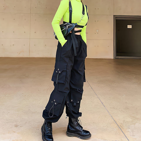 Black Cargo Pants High Waist Hip Hop Loose Vintage Streetwear Grunge Y2k Punk Casual Straight Wide Leg Trousers